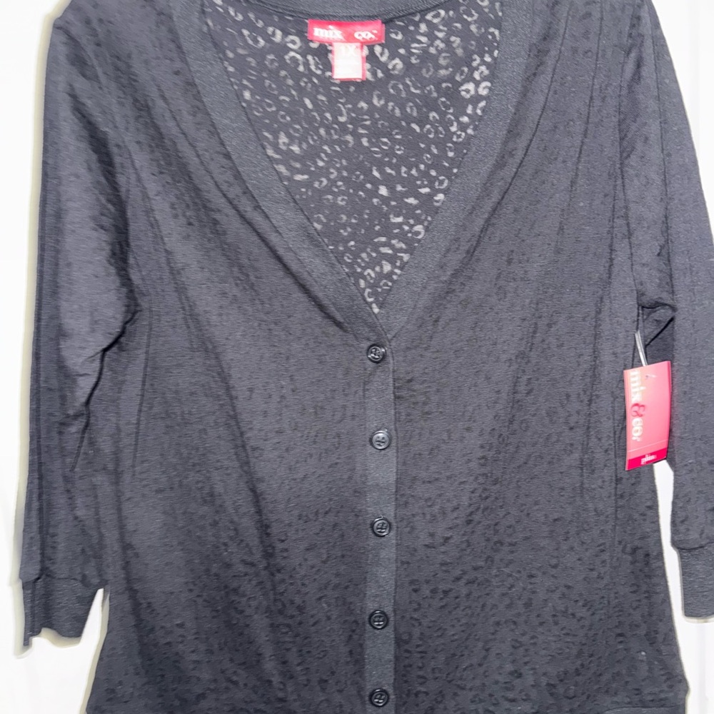 Mix & Co Sweater Women's 1X Black Button Up Cheetah Cardigan 3/4 Sleeve NWT
